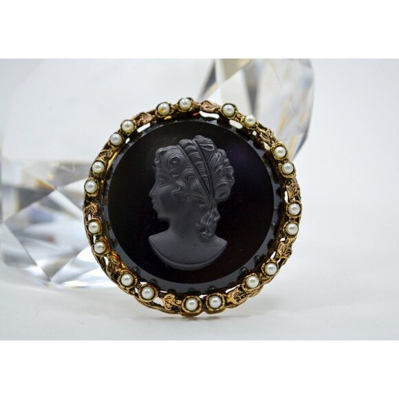 Jewelry - Black Cameo Brooch Pin and Pendant Faux Pearls Gold Tone Metal Setting Vintage
